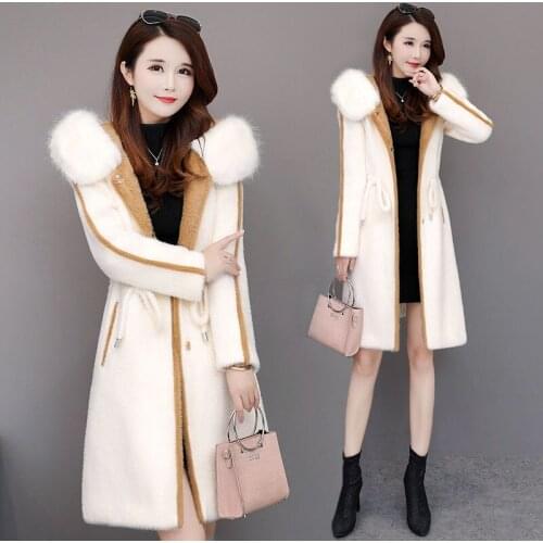 Women Gold Mink Woolen Coat Female Winter Jacket New Mid-length Imitation Mink Thicken Fur collar Keep Warm Wool Outerwear R896