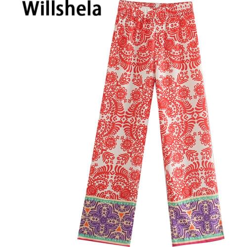 2021 Women Vintage Printed Pants Fashion Elastic Hight-waist Wide Leg trousers Casual woman y2k Pants pantalon pour femme