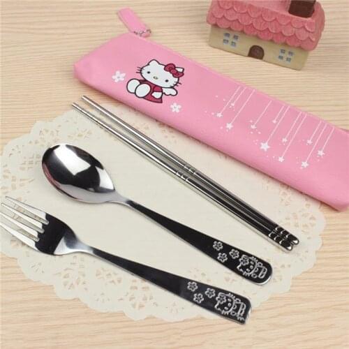 3PCS/SET Cartoon Cute cat Doraemon Stainless Steel Travel Dinnerware Set Cutlery Fork Set For Kids Children Tableware
