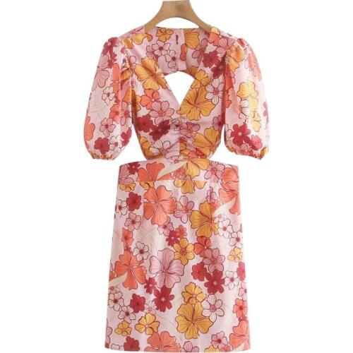 Baldauren Women Chic Fashion With Belt Floral Print Mini Dress Vintage Puff Sleeves Backless Elastic Female Dresses Vestidos