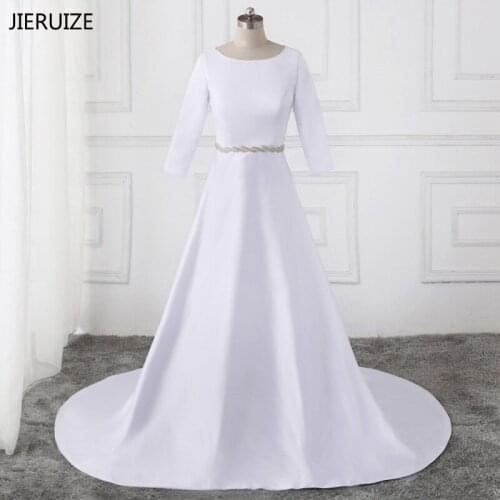 JIERUIZE White Satin Muslim Wedding Dresses 3/4 Sleeves Simple Bridal Dresses Elegant Wedding Gowns robe de mariee