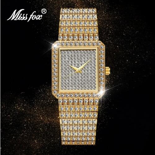 MISSFOX Womens Watches Gold Full Diamond Luxury Brand Square Bracelet Watch Popular Waterproof Quartz Ladies Wristwatch Gift