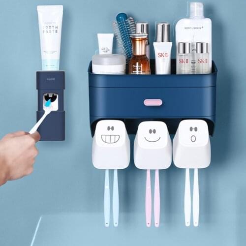 Large Capacity Partitioned Toothbrush Holder with Wash Cup Bathroom Shelf Wall-Mounted Toothpaste Holder Mouthwash Cup Set
