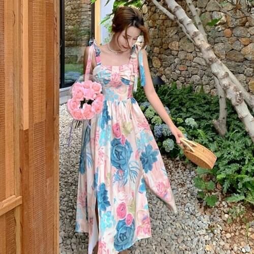 Elegant Fashion Flower Pattern Beach Holiday Dress Summer High Waist Spaghetti Strap Midi Long Split Vestidos YOU490