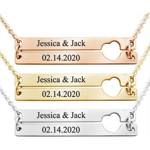 Hiyong Custom Name Necklace Double Row Customized Date Number Necklaces Hollow Heart Splicing Lettering Necklace Valentines Day