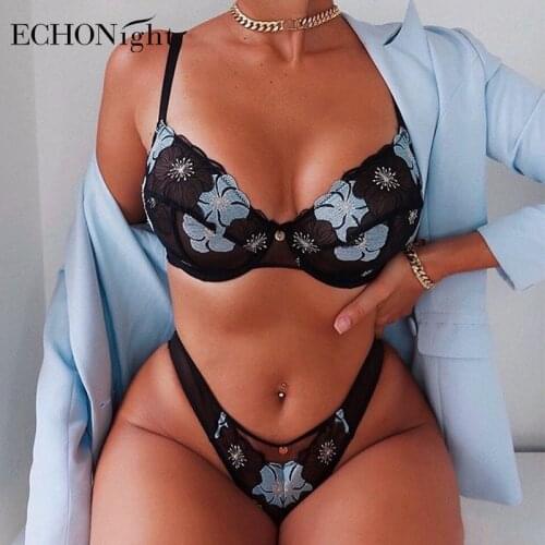 Echonight Push up Lingerie Set Floral Embroidery Womens Underwear Set Underwire Bra Set Woman 2 Pieces Lingerie Sexy Wholesale