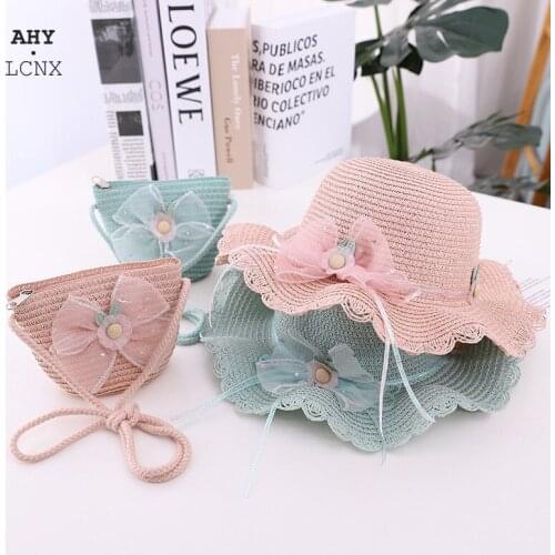 Summer Casual Kids Breathable Flower Lace Straw Bunny Hat Outdoor Big Brim Sun Visor Hat Cute Beach Hat