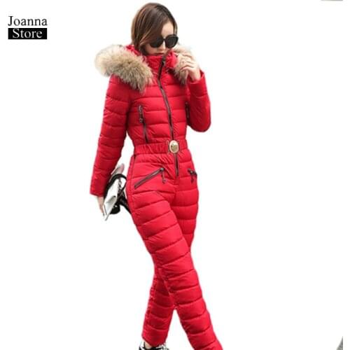 Ski clothes winter jacket women jumpsuit plus size fur collar ladies coats and jackets warm fall hooded coat sashes hot outwear