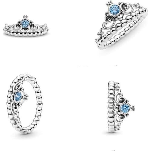 New Pan 925 Silver Cinderellas Gift Blue Crown Ring Womens Wedding Gift Fashion Romantic Jewelry
