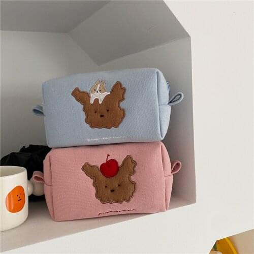 Ins Cartoon Biscuit Bear Cherry Pencil Bag Large Capacity Simple Portable Girl Kawaii Cosmetic Storage Bag School Stationery