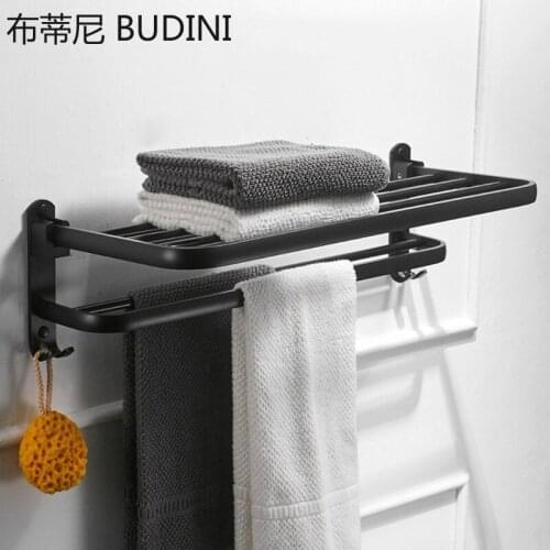 Space Aluminum Black Towel Rack Wall Mounted Folding Towel Holder Storage Shelf with Hook Bathroom Shower Room Accessories