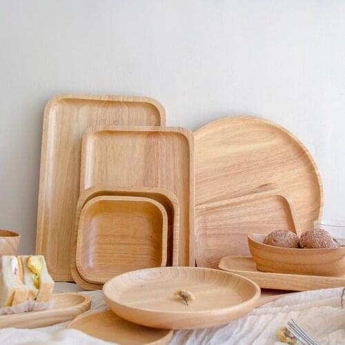 Rubber Wood Round Rectangle Japanese Plate Beef Steak Fruit Snacks Pastry Sushi Kitchen Hotel Tableware Set