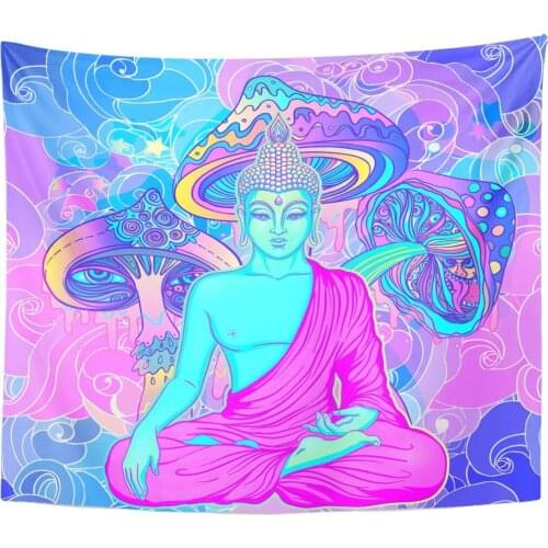 Sitting Buddha Over Colorful Neon Psychedelic Mushroom Composition Indian Tapestry Home Decor Wall Hanging for Living Room