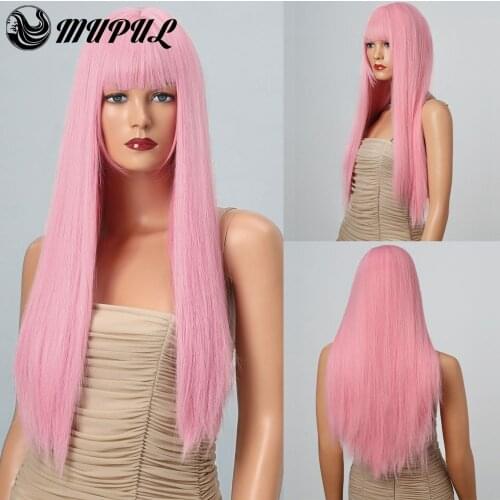 Cosplay Pink Colored Long Straight Nutural Synthetic Wigs For White Women With Bangs Fiber Hair Daily Heat Resistant Party Wig