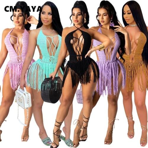 CM.YAYA Wome Beach Knitted Tassel Lace Up Sexy Mini Dress Halter Neck Backless Swimsuit Night Party Clubwear Ribbed Dresses