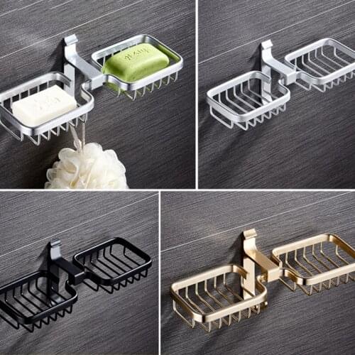 Soap rack Double-layer Punch-free Bathroom Drain Space Aluminum Soap Box Wall-mounted Black Aluminum Soap Dish