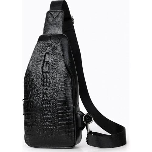 New Men Chest Bag Messenger Bag Leather USB Charging Chest Pack Alligator Casual Crossbody Bag Male Crocodile Pattern Sling Bags
