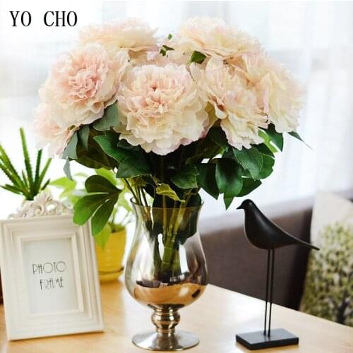 YO CHO 5 Head Silk Peony Artificial Flower White Peony Wedding Centerpiece Home Party Decor Fake Flower Big Peony Bridal Bouquet