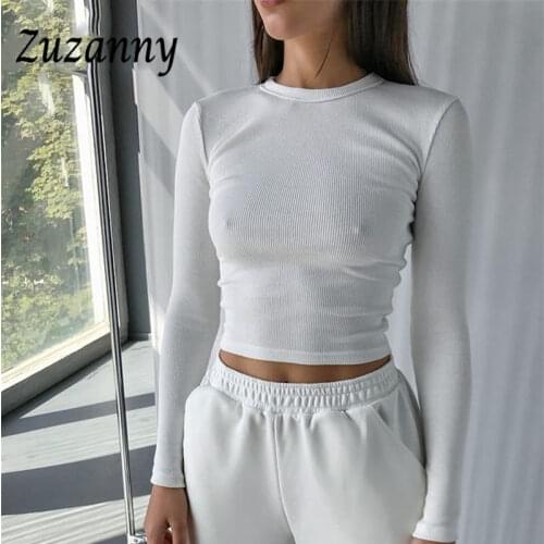 Irene Y2K Brown Tops Rib Woman TShirts Solid O Neck Crop Top Sexy Tee Shirts White Black Casual Basic Long Sleeve Shirts