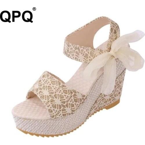 2017 Women Summer Wedges Sandals Waterproof Platform Lace-Up Bow Flip Flops Open Toe Floral Print High Heels Women Shoes ST199