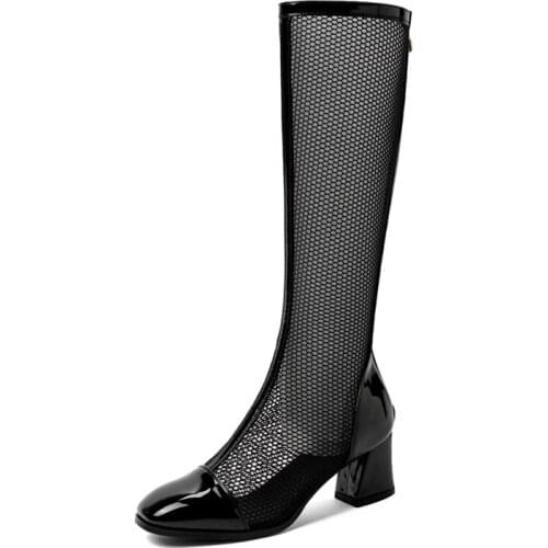 ZJVI Woman Fashion Summer Thigh High Boots Women Cut Outs Knee High Boots Womens Low Heels Shoes 2020 Ladies Open Toe Sandals PU