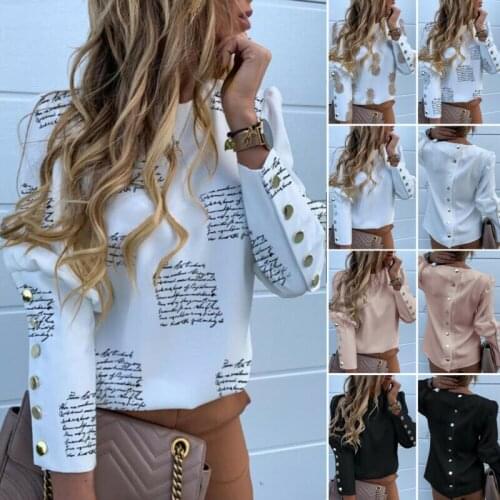 Womens Printed Puff Long Sleeve Tops Shirt OL Work Office Elegant Ladies Casual Business Button Blouse Tops Shirt Female Blusas