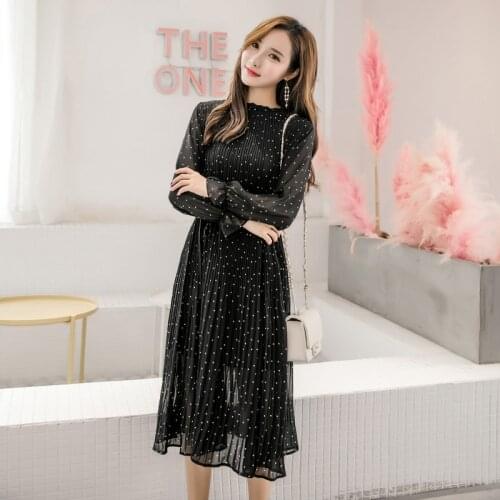 Elegant Black Polka Dot Women Chiffon Dress Spring Pleated Elastic Slim Waist Female Midi Dress 2020 Chic Vestidos Spring Summer