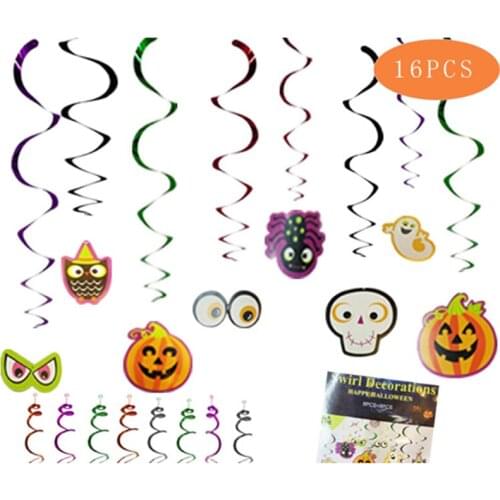 16 Pcs Halloween Dangling Swirls Spiral Pendants Hanging Set Witch Ghost Spider Bat Pumpkin Skull Decoration Party Decorations