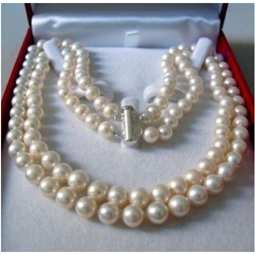2 Rows 7-8MM WHITE AKOYA SALTWATER PEARL NECKLACE 17-18" beads jewelry