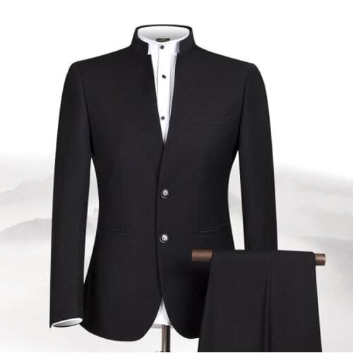 2020 Black Chinese Tunic Suit Mens Custom Made Slim Fit Business Suit Men Prom Party Groom Tuxedos 2 Piece Set(Jacket+Pants)