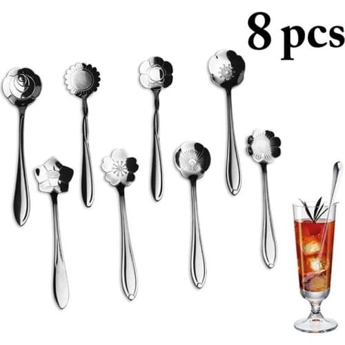 8PCS/Set Stainless Steel Flower Shape Small Spoons Tea Coffee Sugar Ice Cream Spoons Set Tableware Kitchen Tool