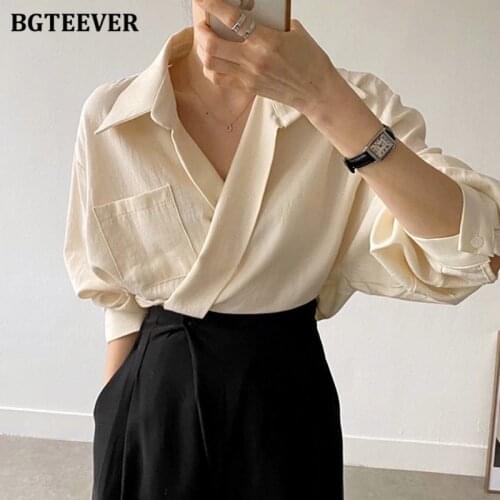 BGTEEVER Casual Turn-down Collar Women Solid Blouses Tops 2021 Autumn Full Sleeve Pocket Female Shirts Elegant Ladies Blusas
