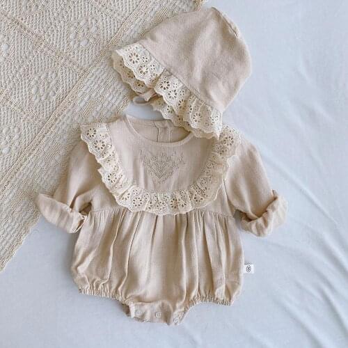 Baby Girl Romper Set With Hat Cotton Soft Cute Long Sleeve Lace Floral Spring Auntumn Newborn Outfit CLothing