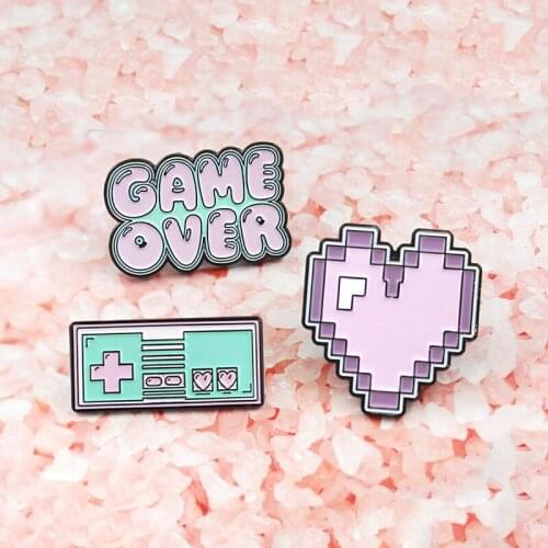 Game Over Pixel Enamel Brooches Pink Heart Game Handle Button Lapel pin Cartoon Jewelry Gift for Friends Game Lover Badges