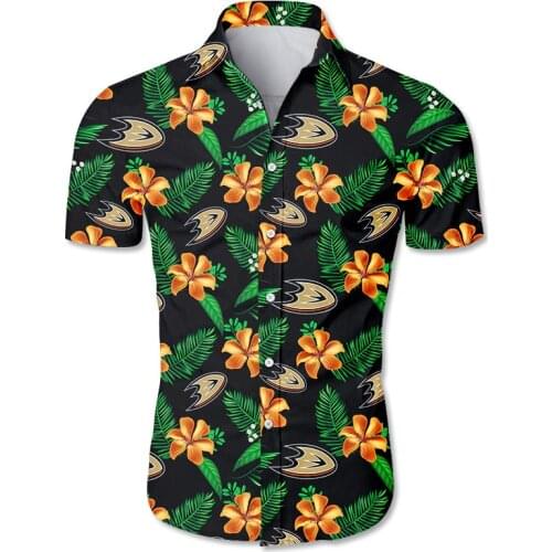 Anaheim mens casual hawaiian shirts Green leaf yellow flower print 3D Ducks tops