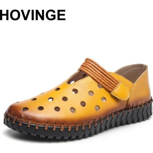 HOVINGE Genuine Leather Flat Shoes Women Loafers Slip On Flats Handmade Soft Cut Out Summer Shoes Round Toe Ladies Shoes