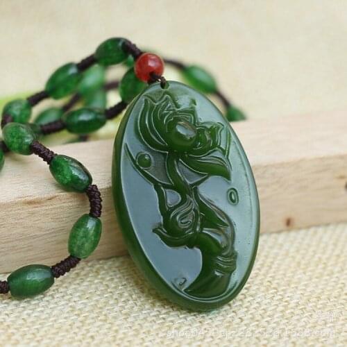 Exquisite Chinese folk natural green hand carving Chinese Hetian lotus Guanyin, bergamot lotus Pendant +rope necklace