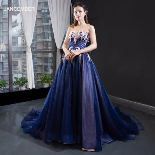 J66115B jancember elegant evening dress for girl with train strapless A-line lace up back floor length prom dress robe de soiree