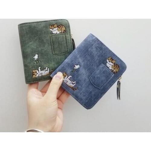 Embroidered Cat Wallet Small Zipper Coin Purse Bag Short Designed Cartoon Wallet Female Ladies Coin Wallet Mini Card Holders