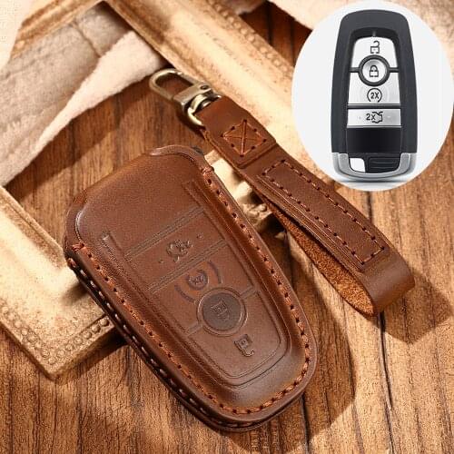 KEYYOU Leather Remote Key Fob Holder Cover Case For Ford Edge Ranger Smart Key Fob 2017-2021