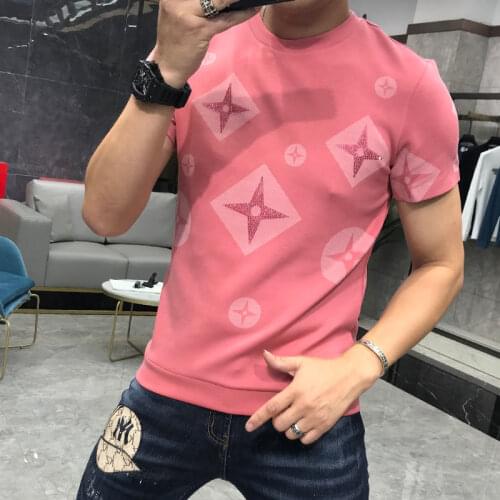 In Summer European And American New Short-Sleeved Mens Fashion Trend Printing Diamond Round Neck Slim T-Shirt