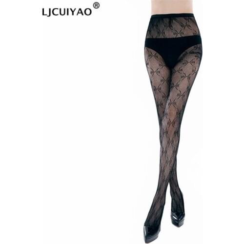 LJCUIYAO 1 Pairs New Arrival Thin Women Pantyhose Sexy Hollow Solid Fishnet Tights Clothes Black Lace Bow Pattern Lingerie 2021