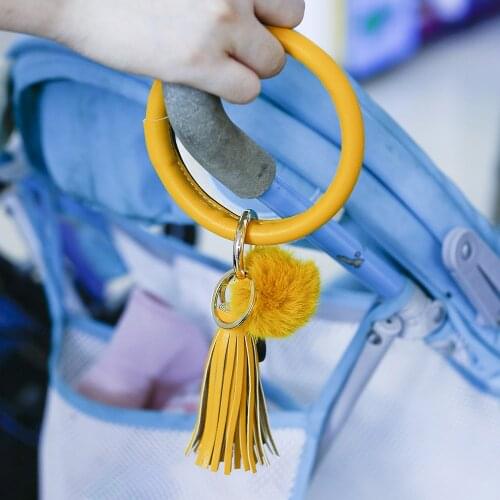 Trendy Leather Monogram Wrist Keychain Women Anti-lost O Keyring Wristlet Circle Leather Tassel Faux Mink Fur Flush Key Chain