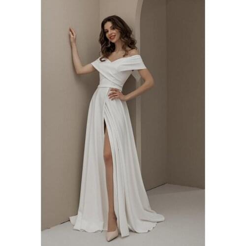 Soft Satin Off The Shoulder Floor-Length A-Line Wedding Dresses Custom Made V-Neck Split Skirt