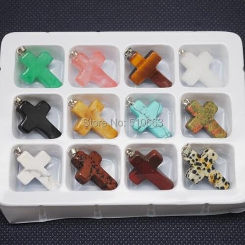 Box Stone Sets,12 Pieces /Lot,Nature Stone Pendant,Gem Stone Pendant Cross Shape,For Necklace Making,Size:18x26mm