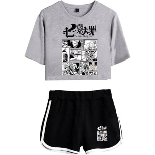 New Fashion The Seven Deadly Sins Exposed Navel White T-Shirt+Black Shorts Womens Two-Piece Sets Casual Girls Suits