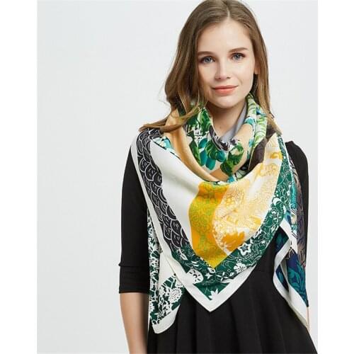 Wholesale Silk Shawl Wrap Chinese Style Celadon Porcelain Print Big Pashmina Elegant Scarf Hot Sale Beach Shawl Square Bandana