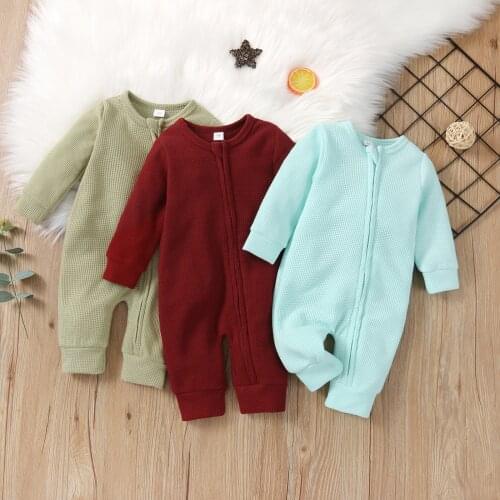 Autumn Cotton Toddler Baby Knitted Jumpsuit Long Sleeve Round Neck Solid Color Zipper Pants Romper Kids Clothing