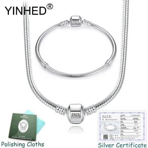 Send Certificate! YINHED Original 925 Silver Jewelry Sets Snake Chain Charms Bracelet&Necklace Hand Making DIY Beads ZS064