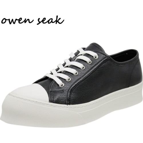 Owen Seak Men Casual Shoes Luxury Trainers Loafers Cow Leather Lace Up High Street Wear Sneakers Spring White Black Flats Shoes